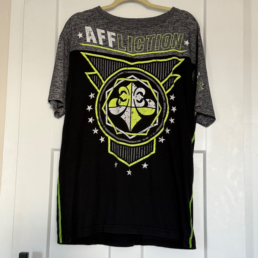 Affliction Premium Athletics Graphic Tee XL Black Gray Neon Streetwear T-Shirt‎